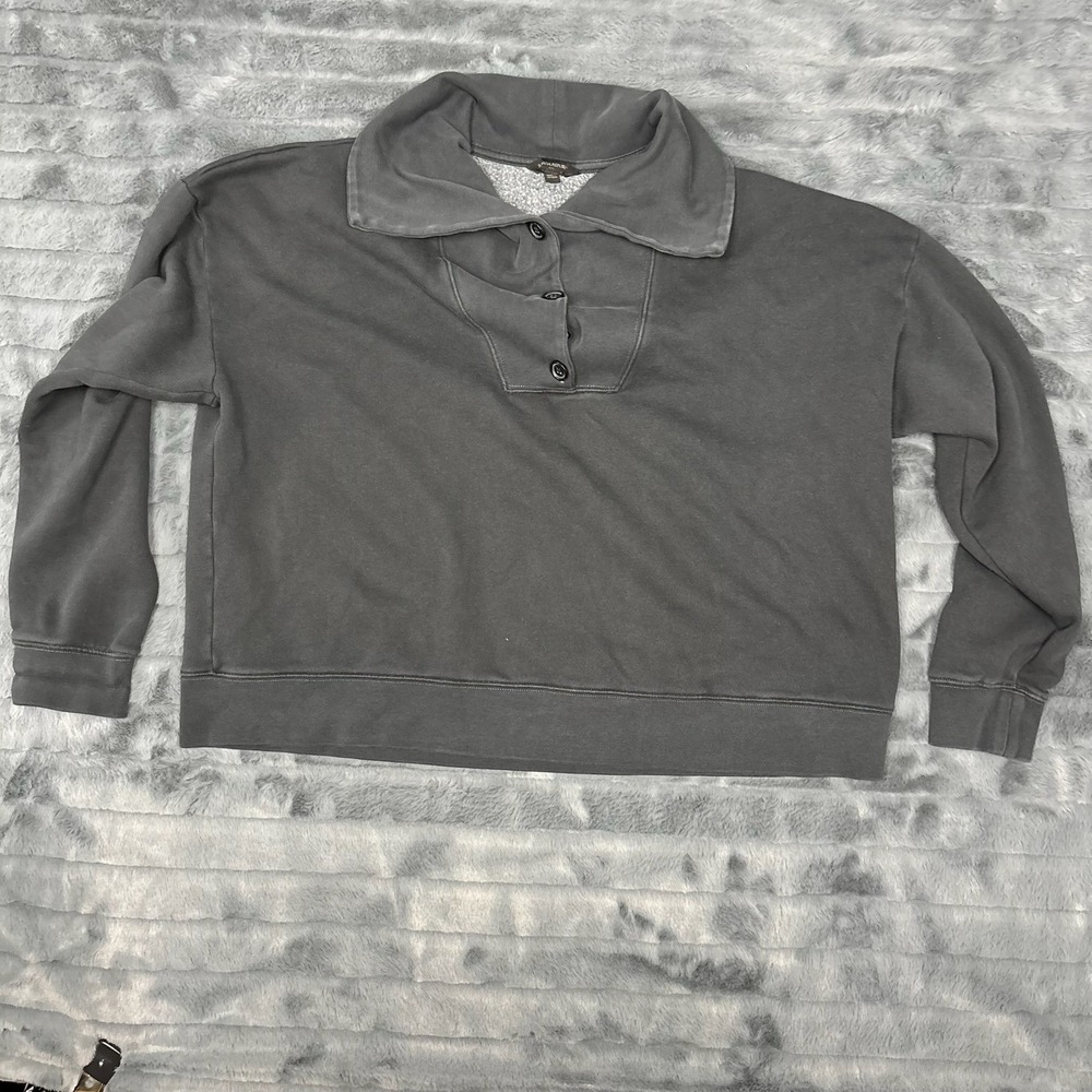 Banana Republic Womens XL Washed Black Fleece Henley Sweatshirt Button Collar